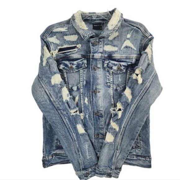 Smoke Rise Ripped Flap Pocket Denim Trucker Jacket Mens Sz S Distressed Casual